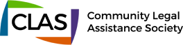 Logo of the Community Legal Assistance Society, featuring a workmark in black text with a colorful abstract design on the left around another wordmark "CLAS" consisting of blue, green, purple, and orange shapes.
