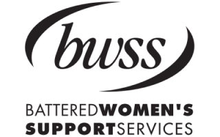 The logo consists of the letters "bwss" in an italic font, in black, with curved black lines swooping round the upper left and lower right. Below this are the words "BATTERED WOMEN'S" in black, with the word "WOMEN'S" in a bold font. Below this are the words "SUPPORT SERVICES" in black, with the word "SUPPORT" in a bold font.