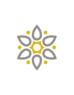 Logo features a symmetrical flower-like design with six grey teardrop-shaped petals radiating from a central yellow circle.