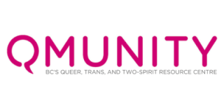 Logo features "QMUNITY" in hot pink, rounded lettering, with the words "BC's queer, trans, and two-spirit resource centre" below in small grey letters.