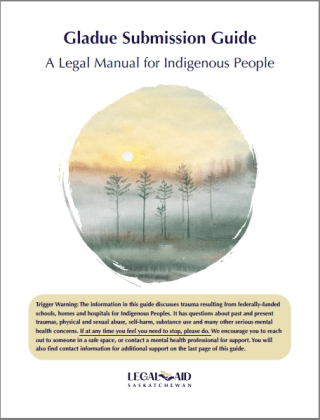 Thumbnail of the guide cover showing tall trees in front of a forest, with the sun setting in the background. The title "Gladue Submission Guide, A Legal Manual for Indigenous People" is placed at the top.
