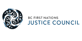 Logo shows three fish forming a circle in the Pacific coast Indigenous art style, in black, teal, and white. To the right are the words “BC FIRST NATIONS” in black, above the much larger words “JUSTICE COUNCIL” in teal.