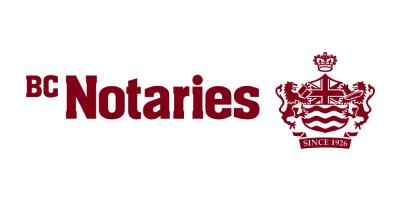 Logo with the letters “BC” and the larger word “Notaries.” On their right is a shield with a lion on either side. The shield has the British flag over three wavy lines, all in dark red. There is a crown above and the words “SINCE 1926” below.