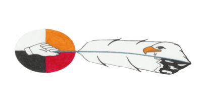 Logo with a hand holding a white feather that transitions into an eagle's head at the tip, with a circle divided into four quadrants (black, red, yellow, and white) in the background.