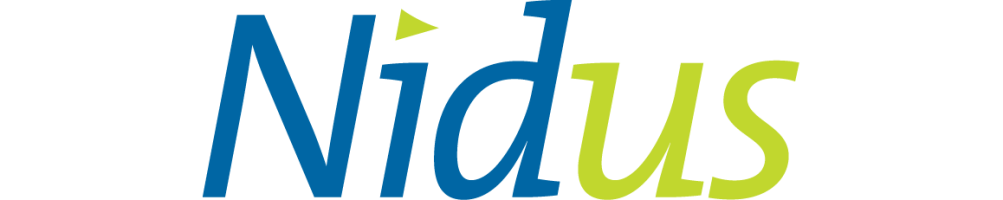 Logo of Nidus with a stylized wordmark with "Nid" in blue and "us" in green, with a small triangle above the letter "i."
