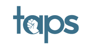 The logo features the lower-case word “taps” in a teal colour. Inside the “a” is a clenched fist. The words “TOGETHER AGAINST POVERTY SOCIETY” are on the right, in the same teal colour.