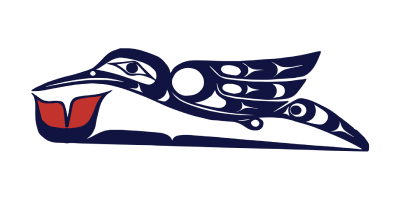 Logo featuring a Pacific west coast-style Indigenous art depiction of a dark blue hummingbird, with its beak over a red flower outlined in dark blue.