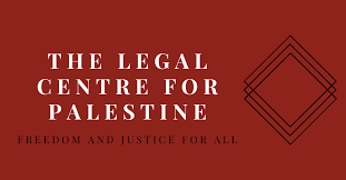 Dark red background, with "The Legal Centre for Palestine" in white and "Freedom and justice for all" in black. On the right side, three black, tilted square frames are shown in layers.
