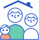 child and two older people under house roof, representing family