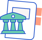 building with columns and book with bookmarks